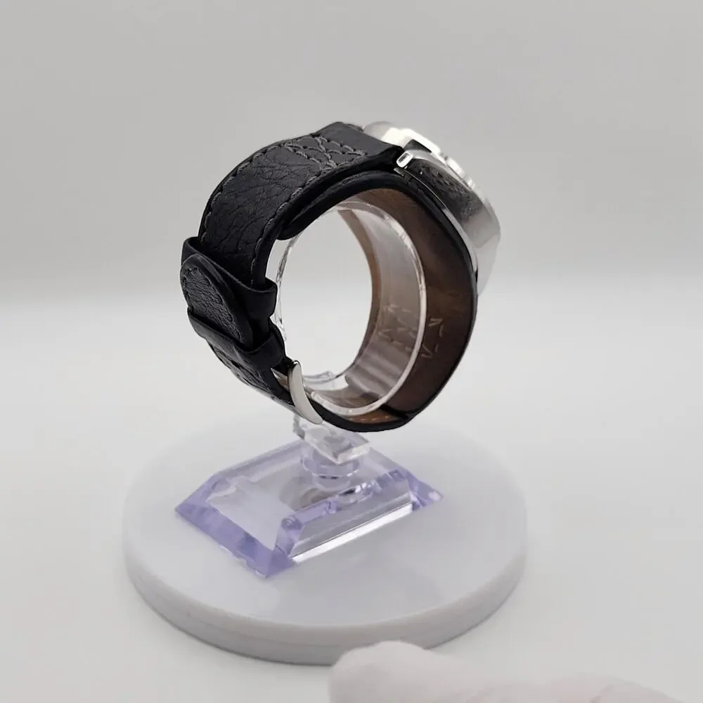 Mens Fossil Chronograph Silver Dial 10 ATM Quartz Watch Black Leather Cuff Strap